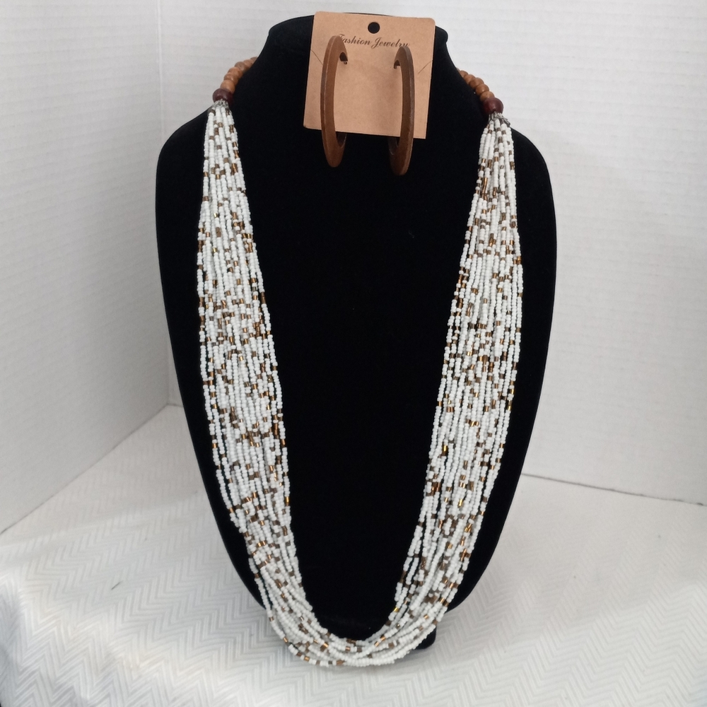 Wooden Beaded Necklace and Earrings Set Boho